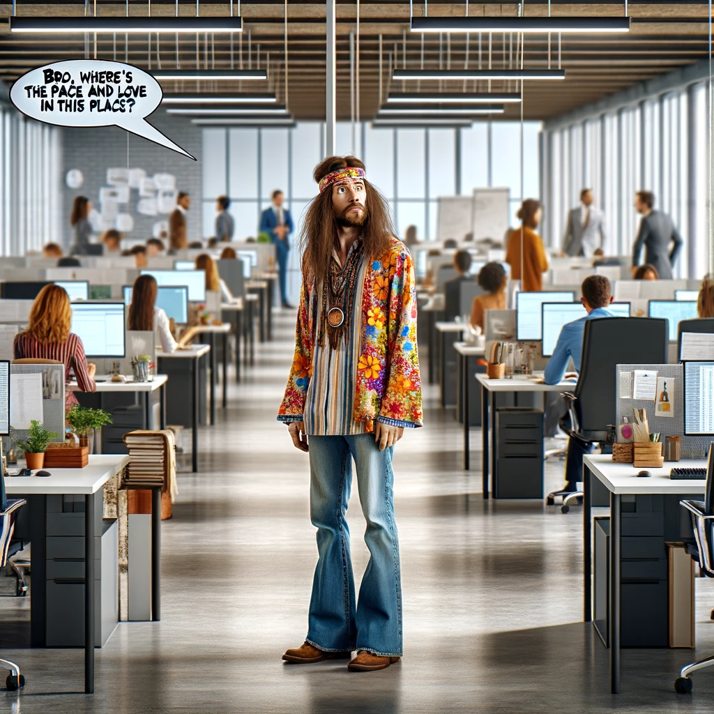 A hippie standing in a modern-day corporate office, looking bewildered and confused. The office is sleek and modern, with employees working on computers and engaging in meetings. The hippie wears colorful, flower-patterned clothing and has long, unkempt hair. He looks around, clearly out of place, searching for something familiar but finding none. A speech bubble above his head reads, "Bro, where's the peace and love in this place?" The image embodies a humorous contrast between the free-spirited hippie ethos and the corporate world's efficiency.