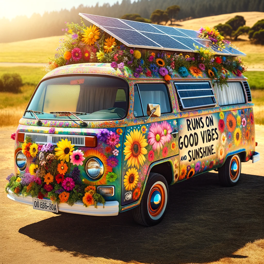 A colorful van adorned with vibrant flowers and solar panels on its roof. The van is parked in a sunny, open field, surrounded by nature. It embodies the spirit of eco-friendliness and free-spirited travel. A caption on the side of the van reads, "Runs on good vibes and sunshine." This image combines the ideals of sustainable living with the iconic imagery of hippie culture, presenting a humorous yet aspirational view of an eco-friendly vehicle.