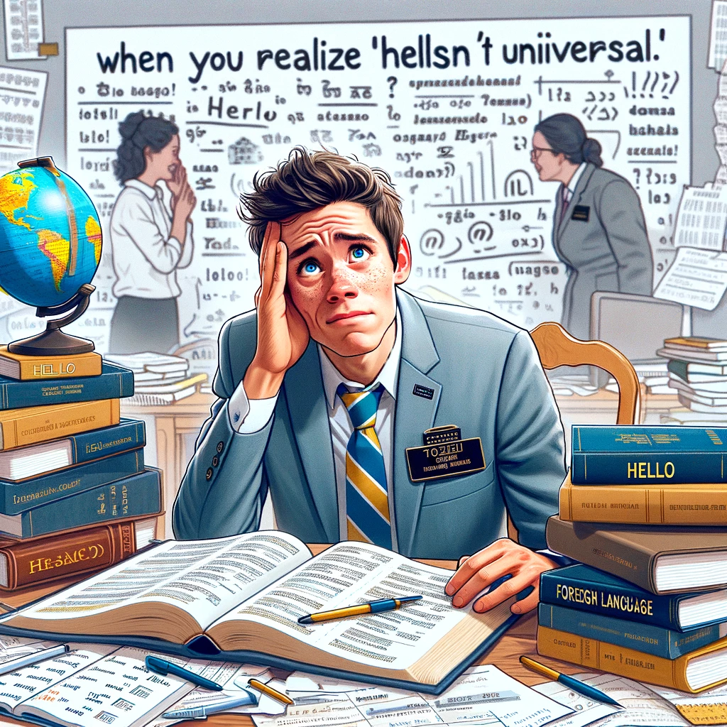 An LDS missionary with a puzzled expression, surrounded by foreign language books and notes. The setting is a study room, with the missionary looking overwhelmed but determined. Include a caption in the image, "When you realize 'hello' isn't universal."