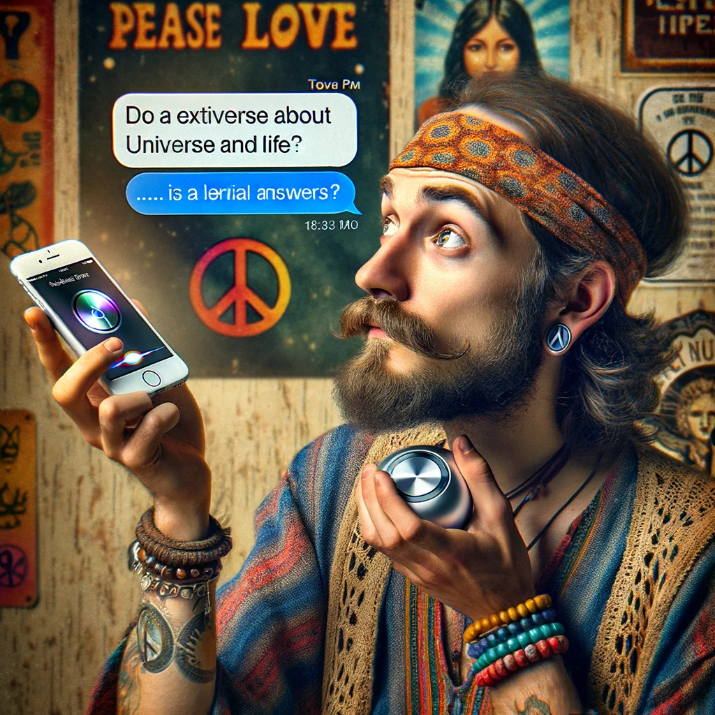 A hippie conversing with Siri on an iPhone, visibly frustrated as he asks deep, existential questions about the universe and life. The phone screen displays Siri's literal, unhelpful answers, causing a humorous mismatch in expectations. The hippie, with a puzzled expression, holds the phone close, surrounded by posters and symbols of peace and love. This image captures the quirky interaction between a free-spirited individual seeking profound answers and modern technology's straightforward, logical responses.