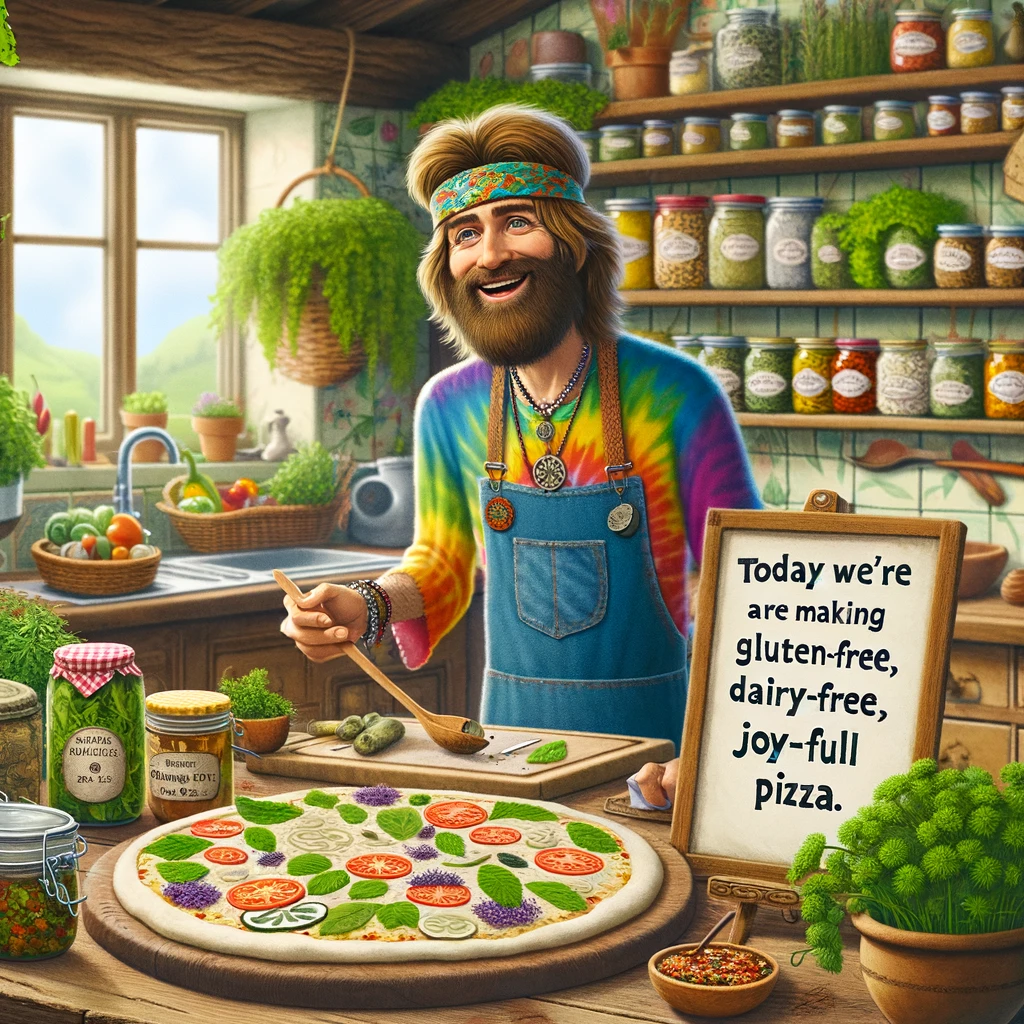 A hippie hosting a cooking show in a kitchen filled with only organic, foraged ingredients. The kitchen is rustic yet charming, with herbs hanging to dry and jars of homemade preserves. The hippie, wearing a tie-dye apron, enthusiastically prepares a pizza with a variety of colorful, natural toppings. A caption reads, "Today we're making gluten-free, dairy-free, joy-full pizza." This scene blends the themes of sustainable living, healthy eating, and the joy of cooking with a lighthearted, humorous touch.