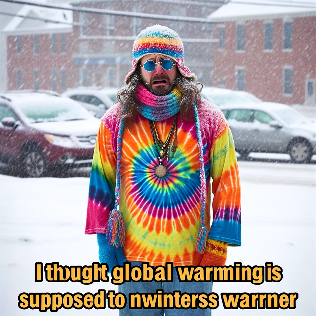 A hippie dressed in a colorful tie-dye shirt standing shivering in the snow, looking bewildered and slightly disappointed. The scene captures a humorous contrast between the hippie's expectation of warmer winters due to global warming and the reality of a cold, snowy day. The hippie says, "I thought global warming was supposed to make winters warmer," highlighting the misunderstanding of climate change effects. This image combines a playful take on weather expectations with a subtle nod to environmental awareness.