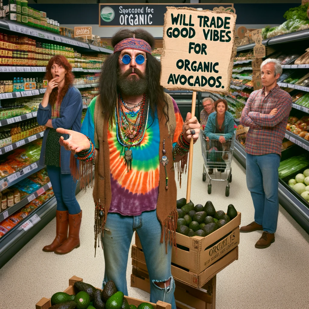 A comical scene in a supermarket's organic section. A hippie, with long hair, a tie-dye shirt, and beaded necklaces, stands bewildered by the high prices of organic avocados. In one hand, they hold a sign crafted from recycled cardboard that reads, "Will trade good vibes for organic avocados." Around them, other shoppers glance curiously, some amused. The shelves are stocked with various organic products, emphasizing the setting. This image captures a humorous juxtaposition of counterculture values and modern consumerism, filled with vibrant colors and a light-hearted atmosphere.