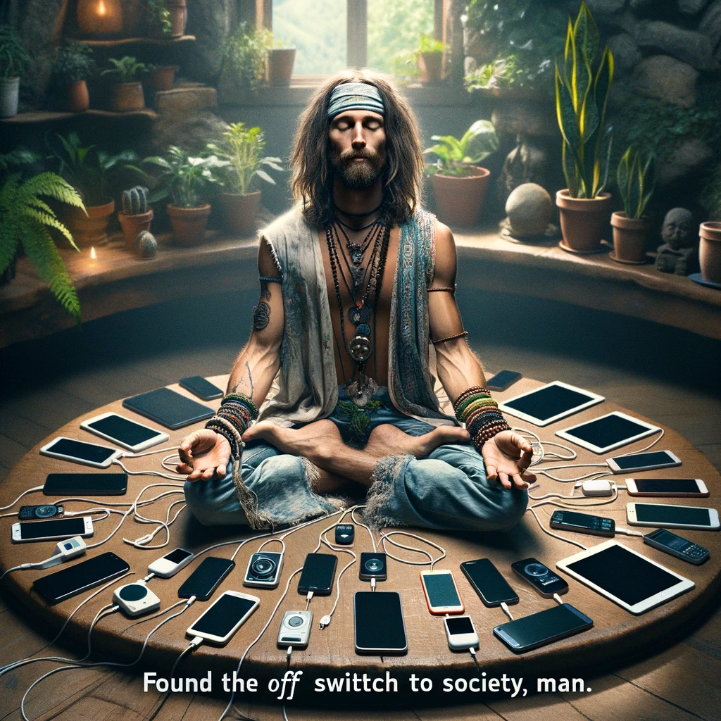 A hippie sitting in a meditative pose surrounded by smartphones, tablets, and laptops all turned off. The hippie is in a peaceful environment, possibly outdoors or in a room filled with plants and natural light. The electronic devices are arranged in a semi-circle around the hippie, emphasizing the contrast between technology and nature. The hippie has a serene expression, possibly with eyes closed, embodying the essence of finding peace away from digital distractions. The caption reads, "Found the OFF switch to society, man."