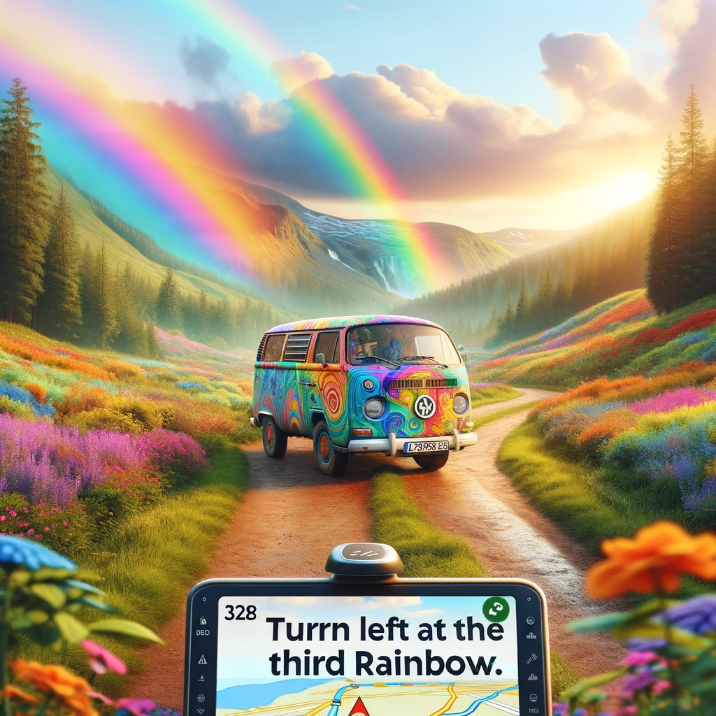A van painted with psychedelic colors driving off-road through a picturesque landscape. The van is surrounded by vibrant, colorful scenery that looks almost magical, with a clear sky and a couple of rainbows in the background. Inside the van, we see a GPS screen with an unconventional navigation command displayed: "Turn left at the third rainbow." The scene captures the whimsy and adventurous spirit of a hippie journey, blending technology with the fantastical. The van should look like it's on a joyous quest, embodying freedom and exploration.