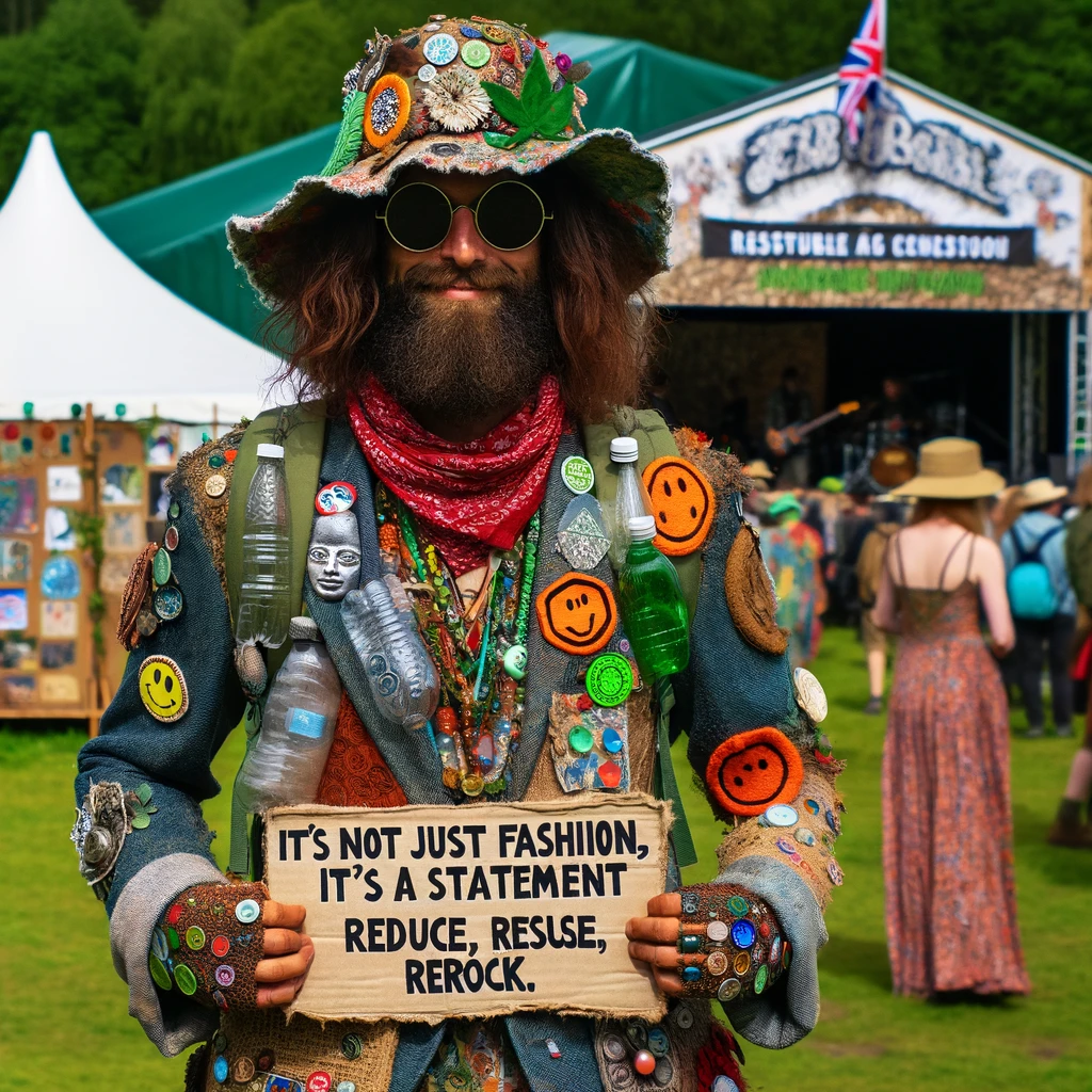 A hippie wearing an outfit made entirely of recycled materials, showcasing a unique and eco-friendly fashion statement. The outfit includes elements like repurposed fabric patches, plastic bottle accessories, and perhaps a hat or jewelry made from upcycled items. The background is a vibrant, eco-conscious community event or a nature setting, emphasizing the importance of sustainability. The hippie stands proudly, with a confident smile, holding a sign or saying, "It's not just fashion, it's a statement. Reduce, Reuse, Rerock." This image celebrates the fusion of fashion and environmental activism, highlighting the creative ways to promote sustainability.