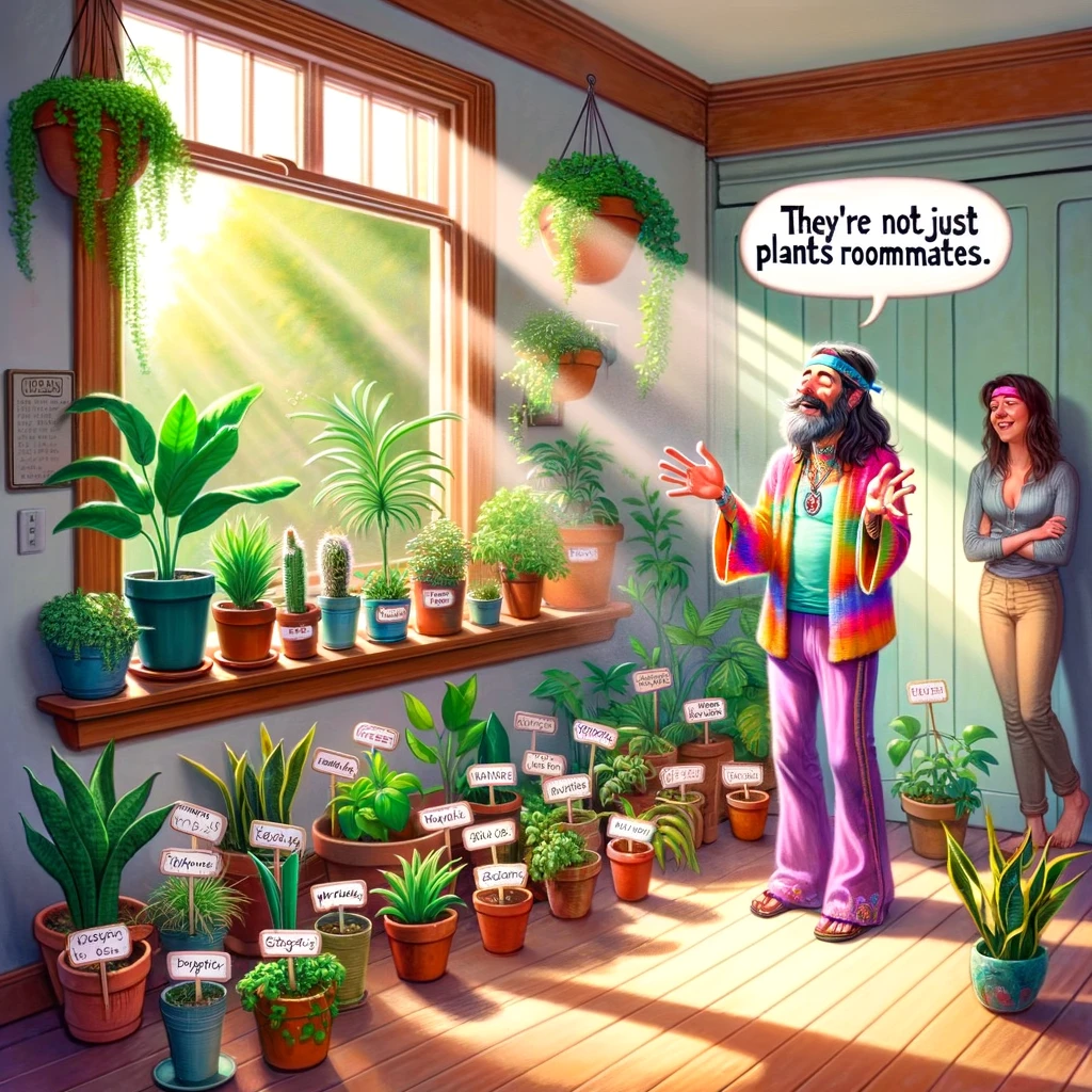A whimsical scene of a hippie engaged in a deep conversation with a variety of houseplants, each adorned with a name tag, in a cozy, sunlight-filled apartment. The hippie, characterized by a vibrant, colorful outfit and an expression of earnest affection, gestures animatedly towards the plants, treating them as if they were attentive listeners. A friend stands in the doorway, looking on with a mix of bewilderment and amusement. The room is filled with greenery, creating a serene yet quirky atmosphere. The caption, "They're not just plants, they're roommates," humorously captures the hippie's unique perspective on their leafy companions, emphasizing a deep connection to nature even within an urban setting.