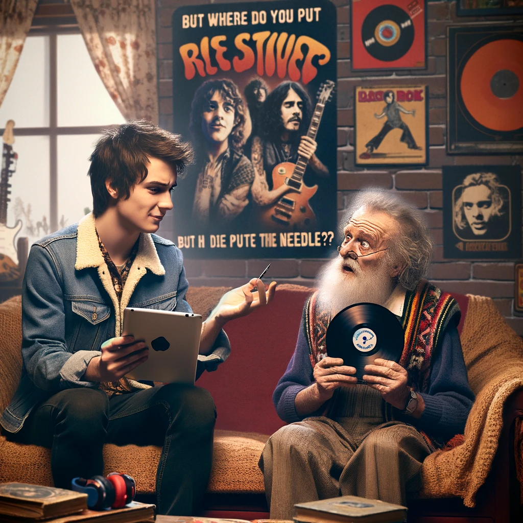 A humorous encounter between a young person and a hippie over the concept of music streaming services. The scene is set in a cozy, vintage-styled living room, filled with classic rock posters and a collection of vinyl records. The young person is holding a tablet or smartphone, showing a music streaming app to the perplexed hippie, who holds a vinyl record in one hand and gestures questioningly with the other. The hippie's expression is one of confusion and curiosity, asking, "But where do you put the needle?" This image captures the generational gap in music consumption, highlighting the transition from physical to digital media with a light-hearted twist.