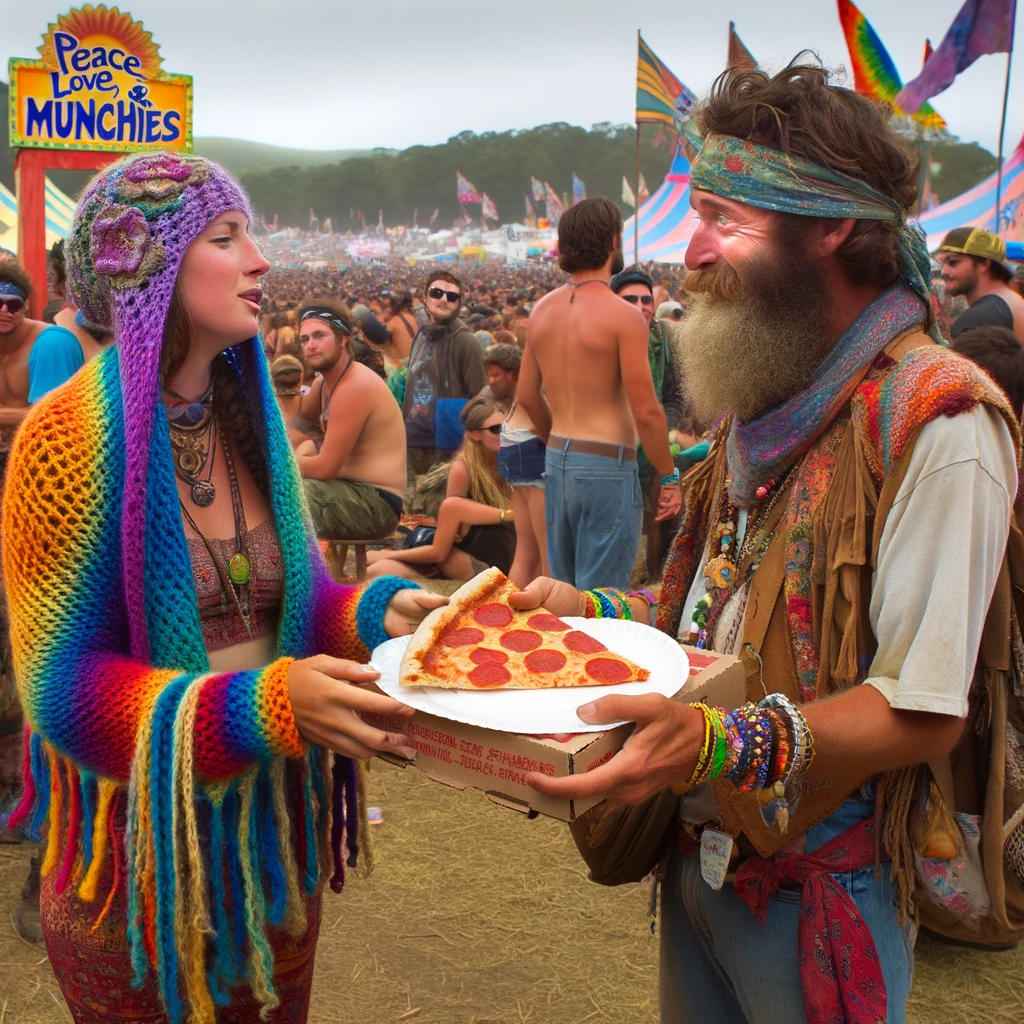 At a vibrant music festival, a scene captures the essence of hippie culture with a humorous exchange. A hippie, adorned in colorful, hand-made attire, is offering a beautifully knitted scarf in exchange for a slice of pizza from a fellow festival-goer. The background is filled with festival tents, other attendees enjoying music, and a colorful banner that reads "Peace, Love, and Munchies." The hippie's expression is one of earnest negotiation, while the pizza holder looks amused and slightly surprised. This image humorously highlights the barter system alive within festival culture, emphasizing the value of handmade goods and community sharing.