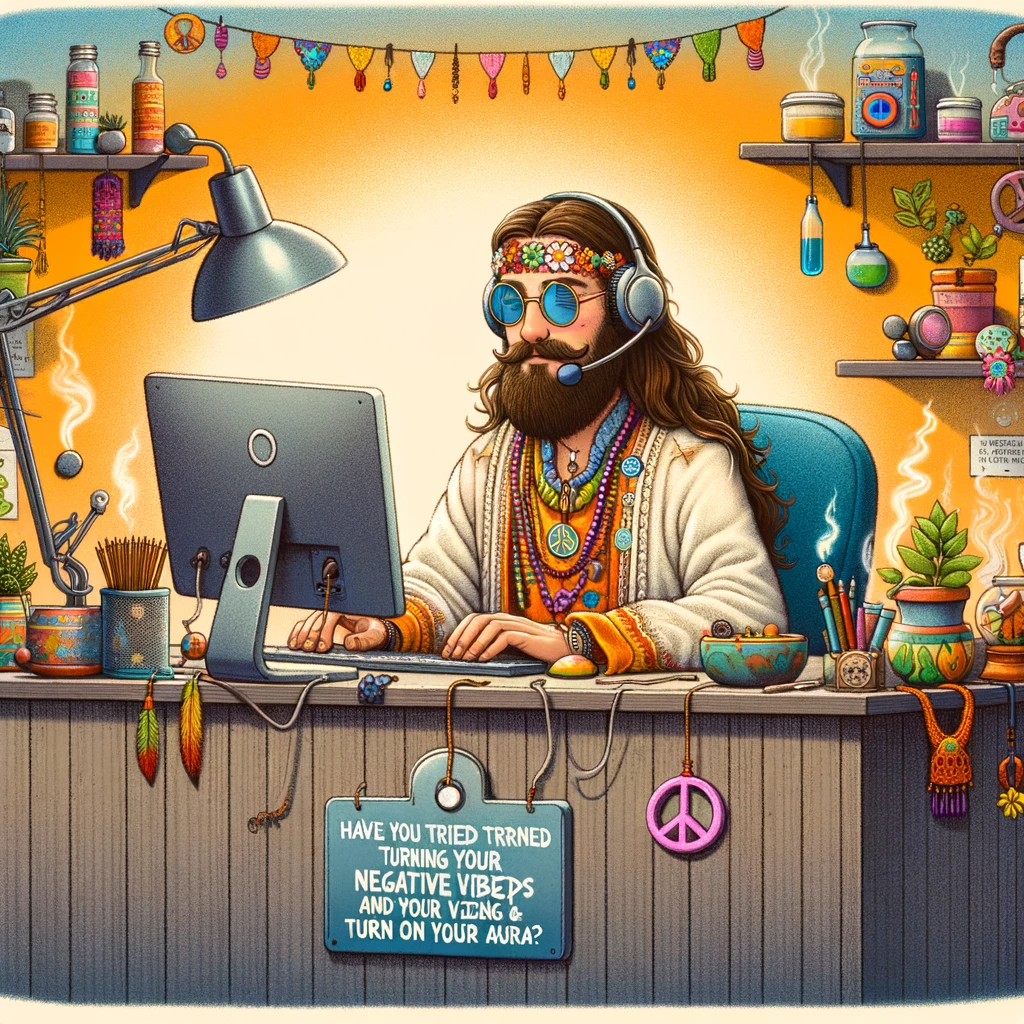 A lighthearted and whimsical depiction of a hippie working in a tech support call center, surrounded by typical office elements but with a unique twist. The hippie is seated at a desk, wearing headphones and speaking into a microphone, with a computer screen in front of them. The desk is adorned with incense, a small peace sign, and vibrant, colorful decorations that reflect a bohemian aesthetic. The hippie has a calm and friendly demeanor, offering unconventional tech support advice, such as "Have you tried turning off your negative vibes and turning on your aura?" This scene playfully merges the worlds of technology and spirituality, highlighting the hippie's unconventional approach to solving technical issues with a touch of humor.