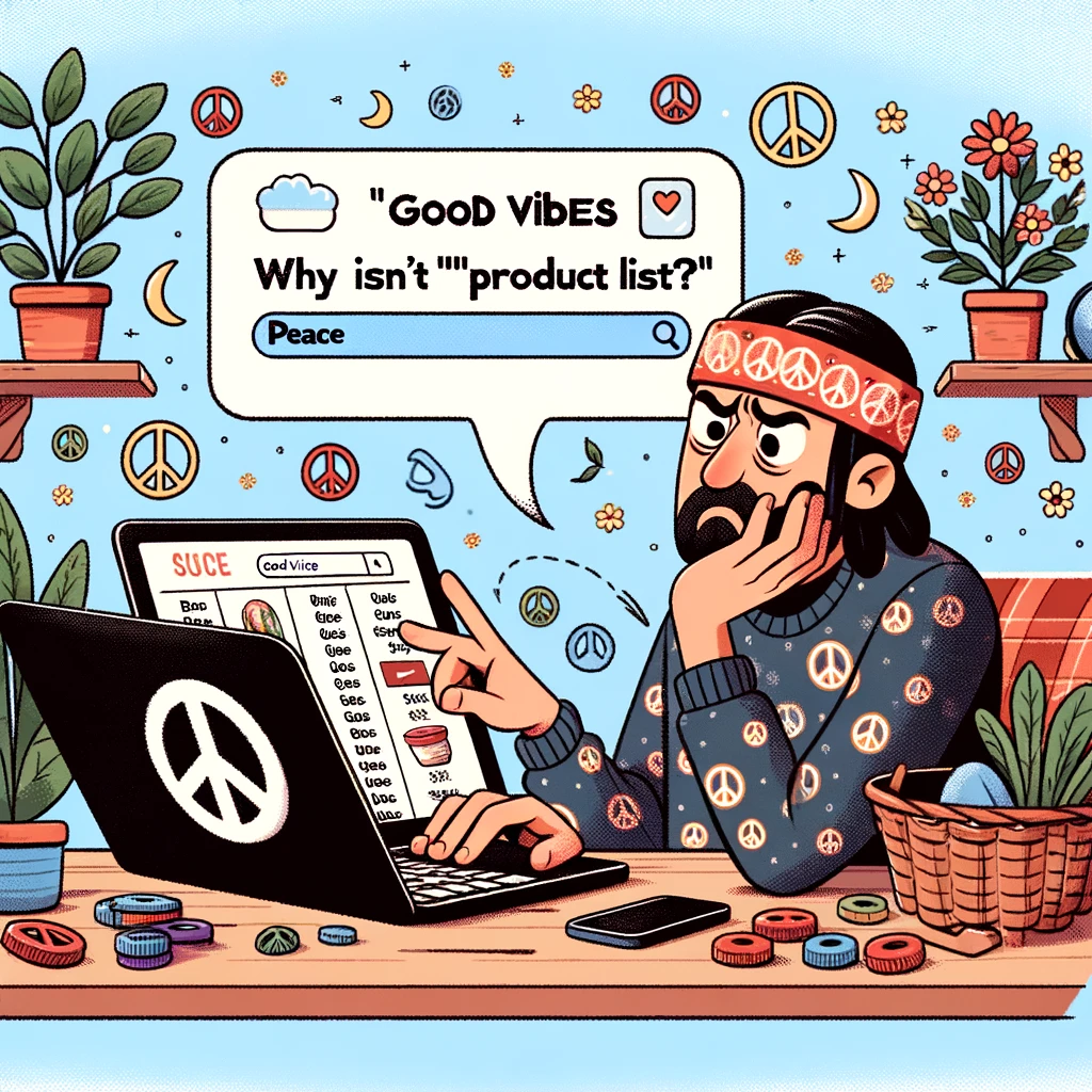 A hippie looking frustrated while using a laptop, surrounded by peace signs and plants, trying to buy 'good vibes' on an e-commerce website but typing 'Why isn't 'peace' in the product list?' into the search bar. The screen should display a list of products that conspicuously lacks anything related to peace or good vibes, highlighting the hippie's frustration in a humorous way.