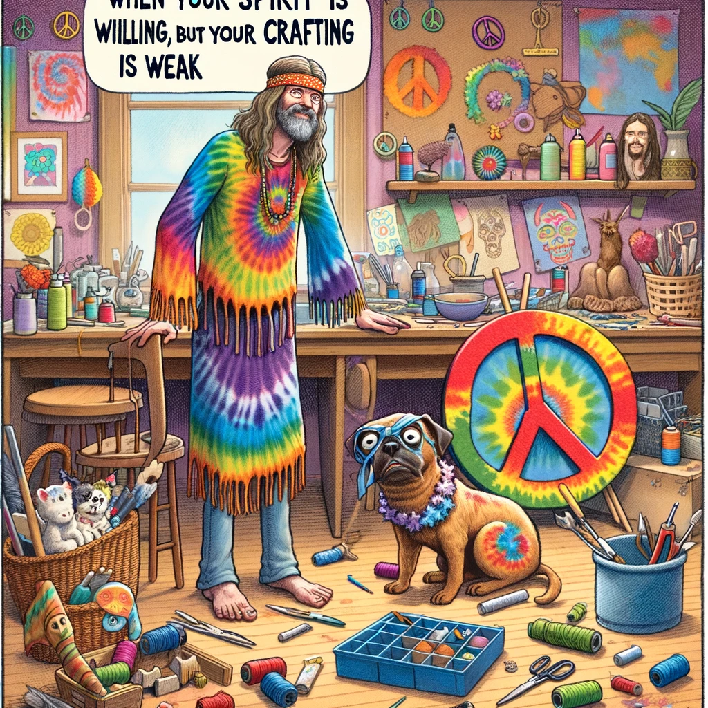 A hippie surrounded by various DIY projects gone wrong, including a dog with tie-dye colors and a visibly lopsided peace sign shelf. The room is filled with crafting tools and materials, all in a state of creative chaos. The hippie looks at their creations with a mix of pride and bewilderment, embodying the humorous caption, 'When your spirit is willing, but your crafting is weak.' The scene should capture the humorous essence of DIY projects taken on with enthusiasm but lacking in execution.