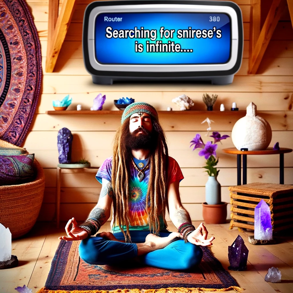 A hippie sitting in lotus position indoors, eyes closed in meditation, trying to connect to the universe. In the background, a router with a visible screen displays 'Searching for signal...'. The setting combines elements of a modern living space with spiritual decor, such as crystals, plants, and tapestries. The image captures the humorous juxtaposition of spiritual practice and the reliance on technology, with the caption, 'When you realize the universe's bandwidth is infinite', adding a witty commentary on finding spiritual connection in the digital age.
