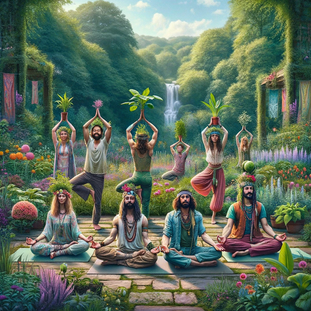 A group of hippies in a serene outdoor setting, each in different yoga poses with plants balanced on their heads. The scene is set in a lush garden or park, emphasizing a close connection to nature. The hippies are dressed in colorful, loose-fitting clothes, and the atmosphere is one of joy and tranquility. Surrounding them, the environment is vibrant with a variety of plants and flowers, reinforcing the theme of being one with nature. The caption, 'It's not just a workout, it's an ecosystem,' humorously underscores the unique blend of fitness and environmental mindfulness, capturing the essence of a lifestyle that values both physical health and the health of the planet.