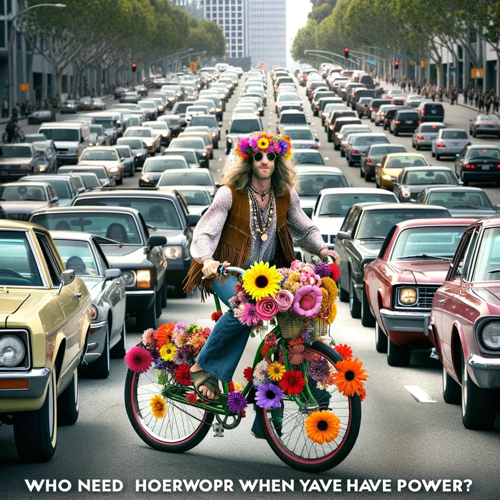 A hippie riding a bicycle adorned with vibrant flowers and peace signs, weaving through a traffic jam with ease. The bicycle stands out as a symbol of freedom and eco-consciousness amidst the congestion of traditional cars. Drivers in the cars appear envious and intrigued by the hippie's serene and joyful demeanor. The setting is an urban street, highlighting the contrast between the hustle of city life and the calmness of the hippie's commute. The caption, 'Who needs horsepower when you have flower power?' humorously celebrates the simplicity and environmental friendliness of the hippie's mode of transportation, offering a whimsical perspective on navigating through life's challenges.