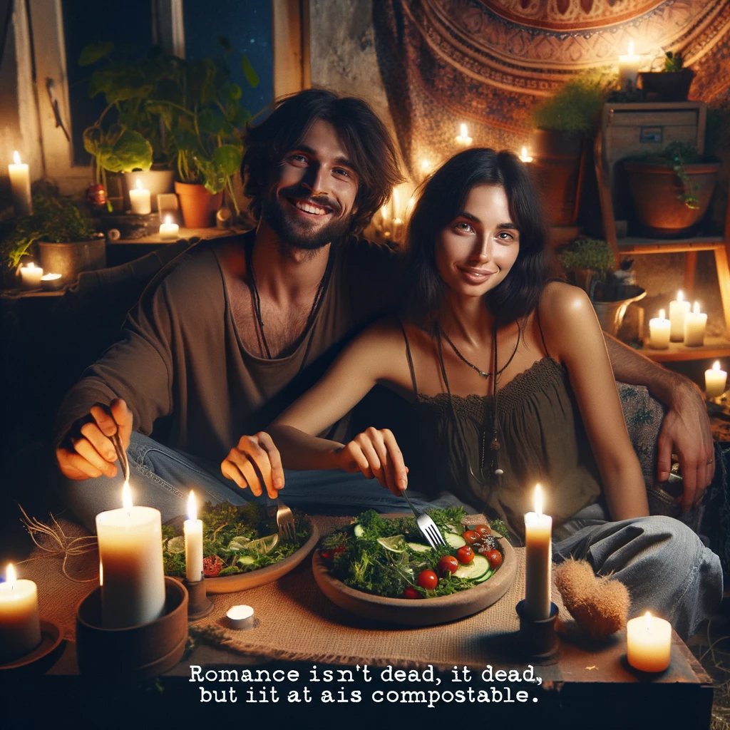 A couple is sitting in a dimly lit room illuminated only by candles, to emphasize the eco-friendly effort to save electricity. They are smiling, enjoying a meal that looks rustic and simple, consisting of foraged greens and perhaps some wild berries on wooden plates. The setting is cozy and intimate, with a touch of bohemian decor - think tapestries, potted plants, and perhaps a string of fairy lights that are off to save energy. The caption at the bottom reads, "Romance isn't dead, but it is compostable."
