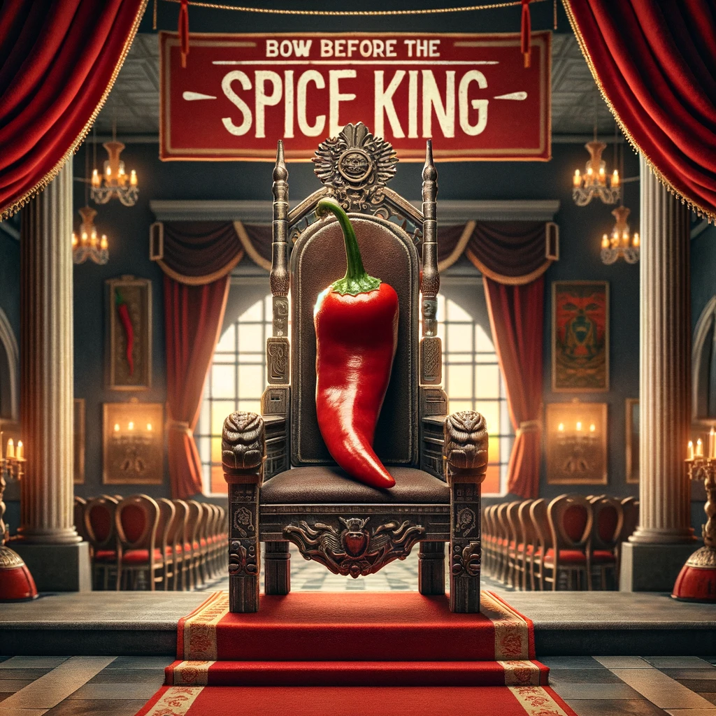 A single chili pepper sitting on a tiny throne, designed with elaborate details to evoke a royal and majestic feel. The throne is situated in a grand hall, with a regal ambiance, including luxurious draperies and a red carpet leading to the throne. The chili pepper itself is anthropomorphized, with a proud and noble expression, as if it's fully aware of its royal status. Above this scene, in bold, comical font, the caption reads: "Bow before the spice king." The overall tone of the image is whimsical yet grand, blending elements of humor with regal elegance.