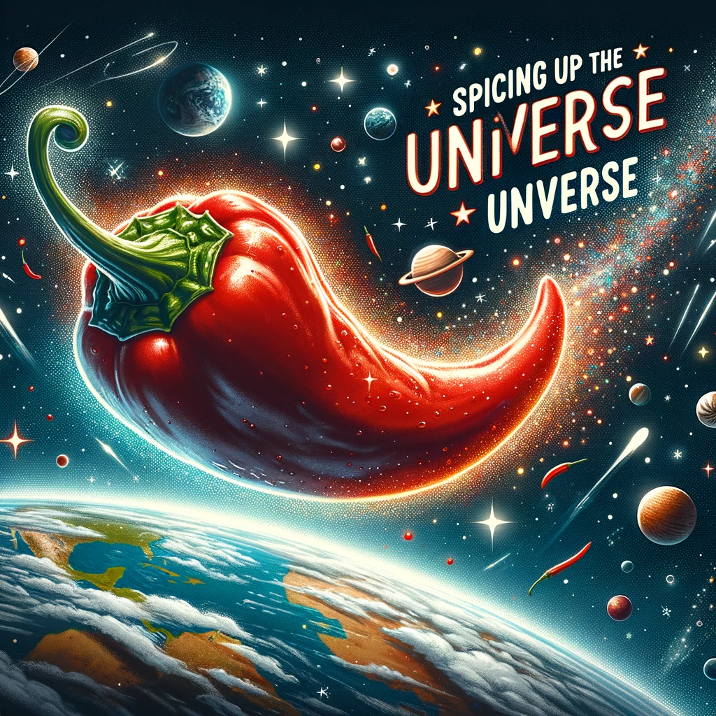 An image of a chili pepper floating in space, with the Earth visible in the background, to create a sense of vastness and adventure. The chili appears animated and lively, embodying the spirit of exploration and excitement. Surrounding the chili pepper are stars, planets, and cosmic elements, enhancing the outer space theme. The chili pepper has a trail of sparkles behind it, suggesting its movement through the cosmos. The caption "Spicing up the universe" is prominently displayed at the bottom of the image in a fun, space-themed font, adding a humorous twist to the cosmic journey.