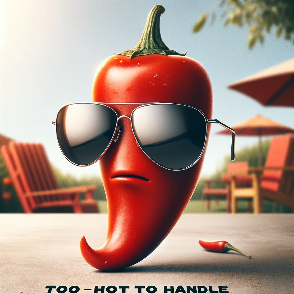 A cool and confident red chili wearing sleek sunglasses, embodying the epitome of being "too hot to handle." The sunglasses reflect the blazing sun, emphasizing the heat and coolness of the chili. The background is a casual, sunny day scene, further highlighting the chili's laid-back and confident attitude. The chili stands boldly, with a posture that exudes confidence and a bit of sass. The caption "Too hot to handle" is displayed in a bold, stylish font at the bottom, complementing the chili's cool vibe. This image merges humor with a sense of style and attitude, capturing the essence of the phrase in a literal and amusing way.