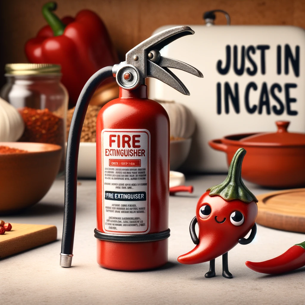 A whimsical scene featuring a chili pepper standing next to a tiny fire extinguisher, prepared for any spicy situation. The setting is a kitchen countertop, with various cooking ingredients and utensils around, suggesting the chili's readiness to handle the heat of culinary adventures. The chili pepper has a playful, yet cautious expression, anthropomorphizing it with a sense of responsibility. Next to the chili, the fire extinguisher is humorously small, almost toy-like, adding to the comedic effect. The caption "Just in case" is displayed in a lighthearted, comic font above or below the scene, emphasizing the humorous preparedness of the chili for any spicy outcomes.