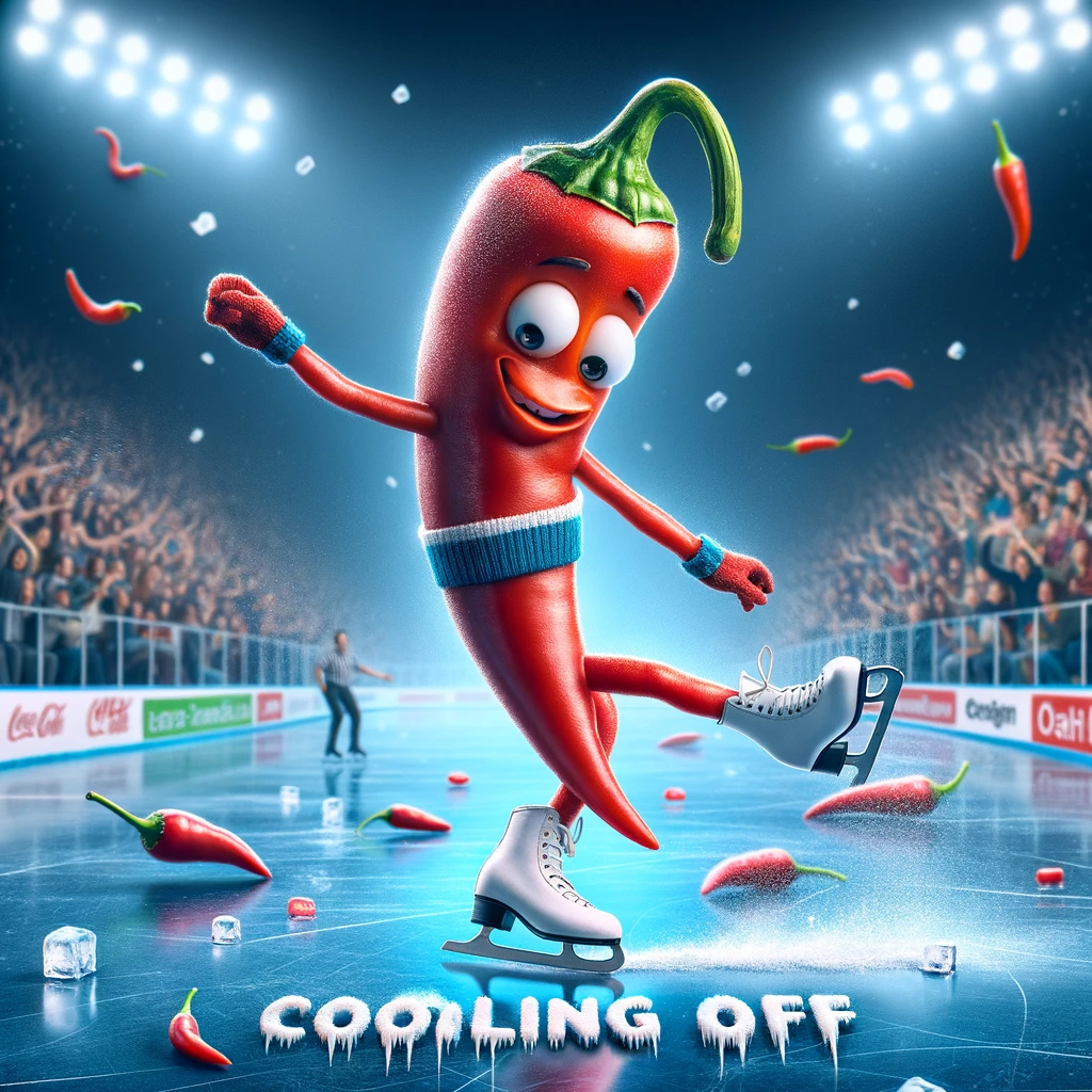 A fun and dynamic image depicting a chili pepper on ice skates, gracefully gliding across an ice rink. The scene is vibrant and lively, with spectators in the background cheering on, emphasizing the chili's surprising agility and coolness amidst the ice. The chili pepper wears a small, sporty outfit suitable for ice skating, complete with tiny ice skates that fit its slender shape perfectly. The expression on the chili's face is one of concentration and joy, capturing the thrill of the sport. The caption "Cooling off" is written in a frosty, playful font at the bottom of the image, playing on the dual meaning of a chili experiencing cold temperatures and the act of chilling out.