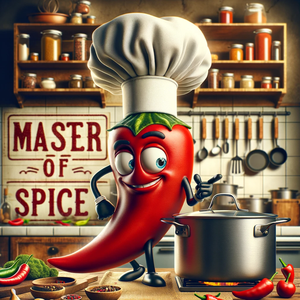 An image of a chili pepper wearing a chef's hat, proudly standing next to a pot on a stove, showcasing its mastery in the culinary arts. The kitchen setting is warm and inviting, filled with various cooking tools and spices, highlighting the chili's environment of creativity and flavor. The chili pepper has an animated, confident posture, with one hand on the hip and the other gesturing towards the pot, as if inviting viewers to witness its culinary skills. The chef's hat is comically large in comparison to the chili, adding a humorous element to the scene. The caption "Master of spice" is cleverly placed in the image, in a font that matches the culinary theme, emphasizing the chili's expertise in adding spice to any dish.