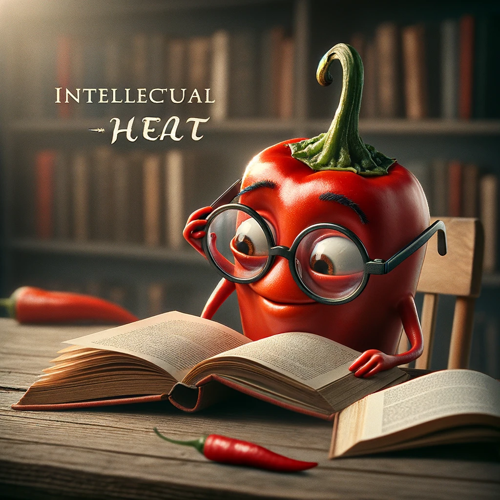 A chili pepper with reading glasses on, deeply engrossed in an open book, depicting a scene of intellectual curiosity. The setting is a quiet study or library, with shelves of books in the background, suggesting a peaceful environment for reading and learning. The chili pepper sits at a desk, with the book open in front of it, and wears a pair of tiny, round reading glasses that sit comically on its narrow face. The expression on the chili's face is one of concentration and fascination, highlighting its intellectual pursuits. The caption "Intellectual heat" is written in an elegant, classic font, cleverly playing on the idea of a chili engaging in intellectual activities, blending the concepts of spiciness with the warmth of knowledge.