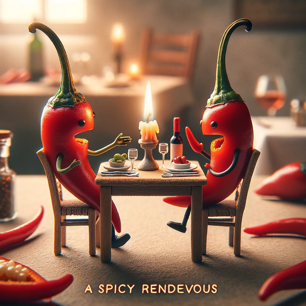 Two chili peppers sitting at a tiny romantic dinner table, creating an atmosphere of love and intimacy. The table is set elegantly with a small candlelit centerpiece, fine dining ware, and a bottle of wine, suggesting a sophisticated and romantic setting. One chili pepper is gesturing animatedly, as if in conversation, while the other listens intently, both displaying anthropomorphic qualities of engagement and affection. The scene is set against a soft, blurred background of a cozy restaurant interior, enhancing the intimate ambiance. The caption "A spicy rendezvous" is written in a whimsical, romantic font at the bottom of the image, perfectly capturing the essence of a romantic date between two chilis.