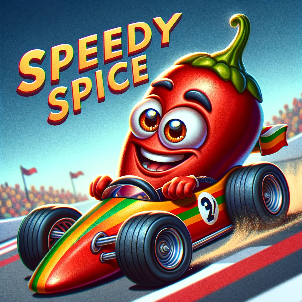 A humorous image of a cartoon chili pepper with big, expressive eyes and a big smile, sitting behind the wheel of a colorful, miniature race car. The race car looks fast and sporty, designed to fit the small size of the chili pepper. The background suggests a racetrack, adding to the racing theme. The chili pepper looks excited and determined, as if it's ready to speed off at any moment. Above the scene, in bold, fun letters, is the caption "Speedy spice." The overall feel is playful and animated, capturing the essence of a fun, lighthearted meme.