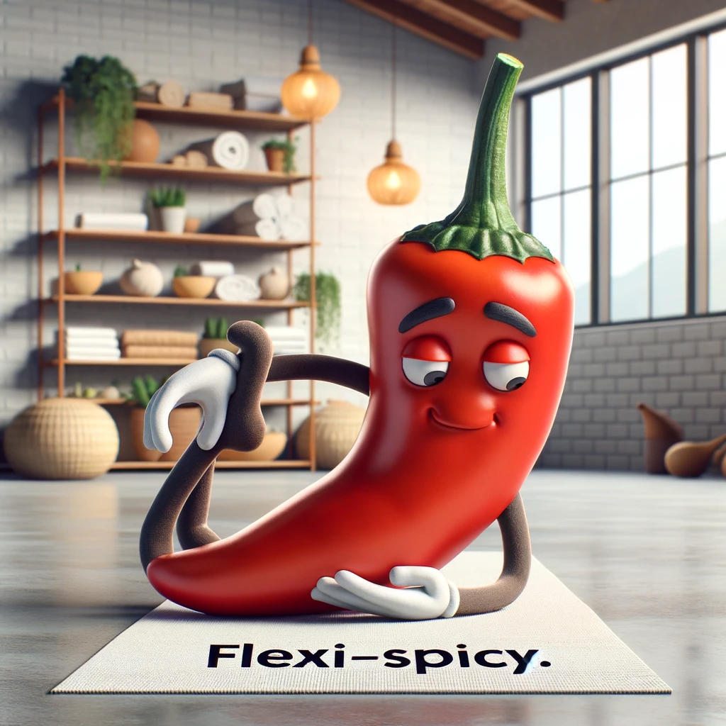 A cartoon chili pepper in a yoga pose, looking flexible and relaxed, in a serene and minimalist yoga studio setting. The chili has a calm, focused expression, embodying the essence of tranquility and flexibility. Surrounding the chili are subtle elements of a yoga studio, such as a yoga mat, peaceful decor, and soft lighting. The caption below reads "Flexi-spicy." This image captures the humorous juxtaposition of a spicy chili pepper engaging in the calming practice of yoga, blending themes of heat and serenity in a playful manner.