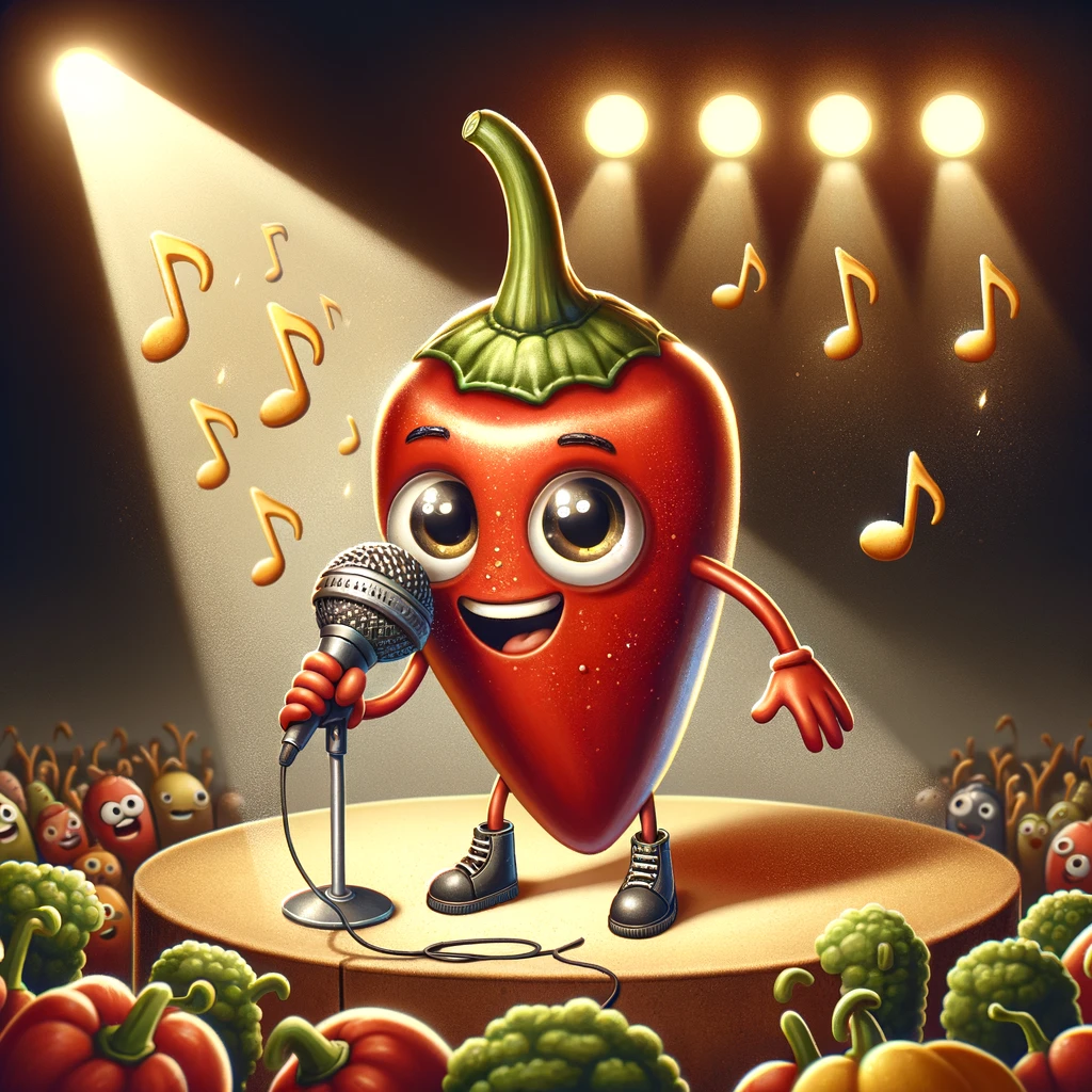 A cartoon chili pepper holding a tiny microphone, standing on a stage with a spotlight shining down, creating an intimate performance atmosphere. The chili has a confident, engaging expression, as if in the midst of singing a powerful ballad. The stage is adorned with musical notes floating in the air and a crowd of assorted vegetables and spices in the audience, showing admiration and excitement. The caption below reads "Hot tunes." This image combines the elements of a live music performance with the whimsical idea of a chili pepper as the star, highlighting a fun and spicy musical adventure.