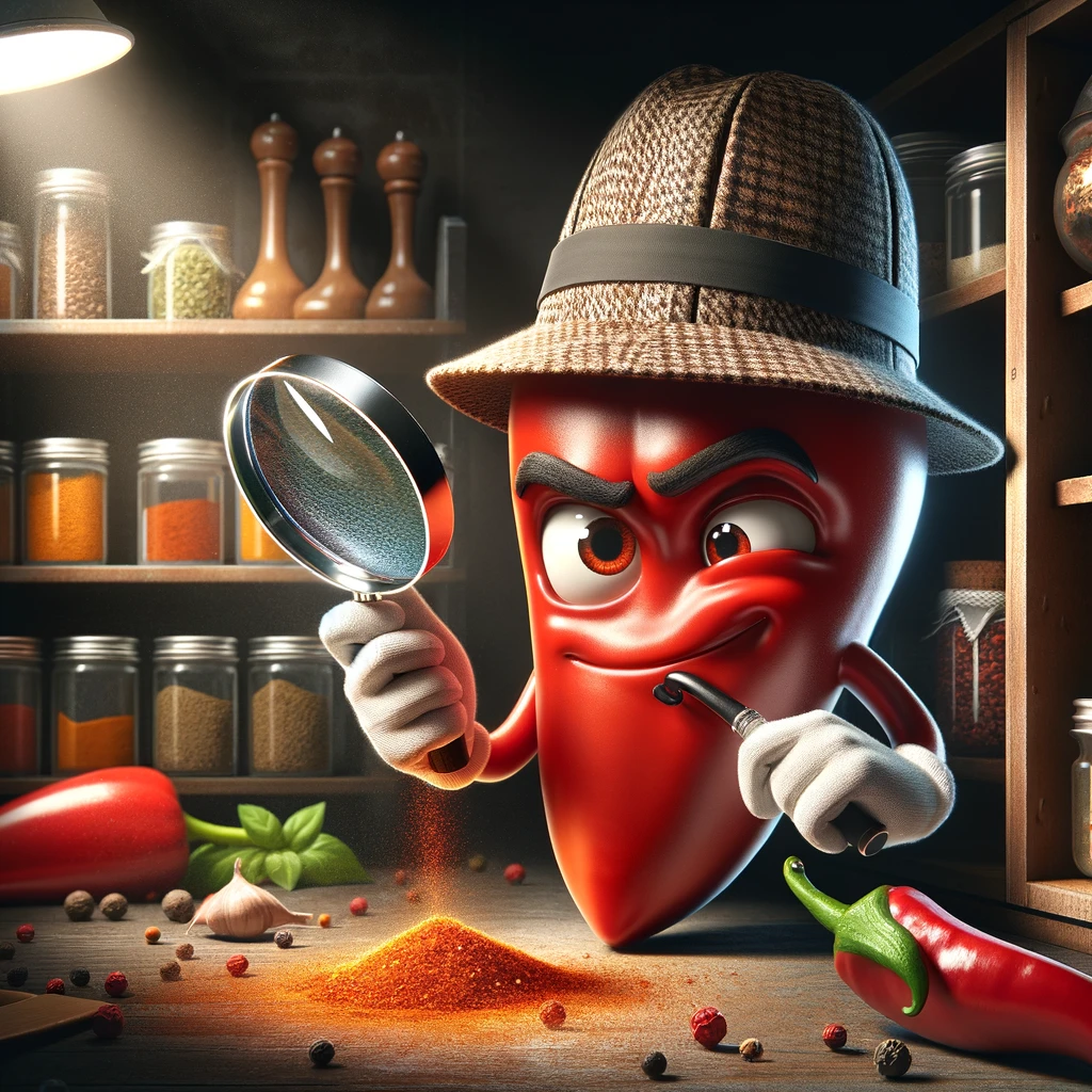 A cartoon chili pepper wearing a classic detective's cap and holding a magnifying glass, looking intently at a trail of spice. The setting is a dimly lit kitchen with shadows casting over various spices and kitchen utensils, creating a mysterious atmosphere. The chili has a determined, investigative look, as if piecing together clues. In the background, a partially open cupboard reveals a collection of spice jars, hinting at the scene of the investigation. The caption below reads "The case of the missing spice." This image blends the theme of culinary mystery with a playful twist, featuring a chili pepper as the detective on a flavorful quest.