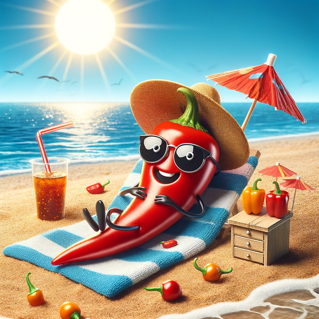 A cartoon chili pepper sunbathing on a tiny towel laid out on a sandy beach, with a sun hat and sunglasses, embodying the ultimate relaxation vibe. The beach scene includes a bright sun, clear blue sky, and gentle waves lapping at the shore. The chili looks content and relaxed, with a cool drink beside it on a small table, complete with a tiny umbrella. The caption below reads "Sun's out, spice's out." This image captures the humorous contrast of a spicy chili pepper enjoying a day at the beach, blending themes of heat and chill in a playful, sunny setting.