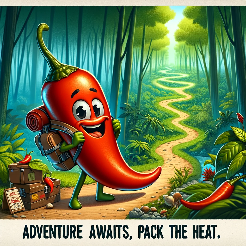 A cartoon chili pepper with a tiny backpack strapped on, standing at the beginning of a winding trail that leads into a lush, green forest. The chili has an excited, adventurous expression, ready to explore the unknown. The scene captures the essence of adventure, with the trail disappearing into the depths of the forest, suggesting a journey full of discovery. Around the chili, the forest teems with life, including small animals and exotic plants, adding to the sense of adventure. The caption below reads "Adventure awaits, pack the heat." This image combines the spirit of exploration with the playful idea of a chili pepper ready for an adventure, highlighting the excitement of venturing into the wild.