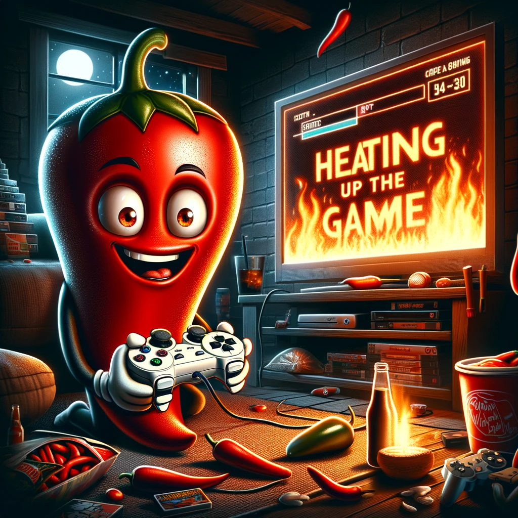 A cartoon chili pepper holding a game controller, intensely focused on a TV screen where a video game is being played. The room is dimly lit by the glow of the screen, emphasizing the late-night gaming session vibe. Around the chili, scattered video game cases, snacks, and soft drinks create a casual, comfortable gaming environment. The chili's expression is one of concentration and excitement, capturing the thrill of gaming. The caption below reads "Heating up the game." This image playfully combines the world of gaming with the fiery nature of a chili pepper, illustrating the pepper's passion for video games and its ability to 'heat up' the competition.