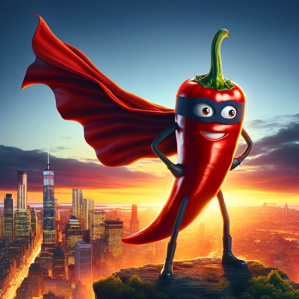 A cartoon chili pepper dressed in a superhero cape, striking a heroic pose on top of a city skyline at sunset. The chili's cape billows in the wind, and it wears a mask that adds to its mysterious superhero persona. The city below is depicted in silhouette against the vibrant colors of the sunset, creating a dramatic backdrop for the hero's stance. The chili has a confident and determined expression, ready to save the day. The caption below reads "Captain Capsaicin to the rescue." This image captures the playful concept of a chili pepper as a superhero, blending the themes of heroism and the fiery nature of chili peppers in a whimsical and inspiring setting.