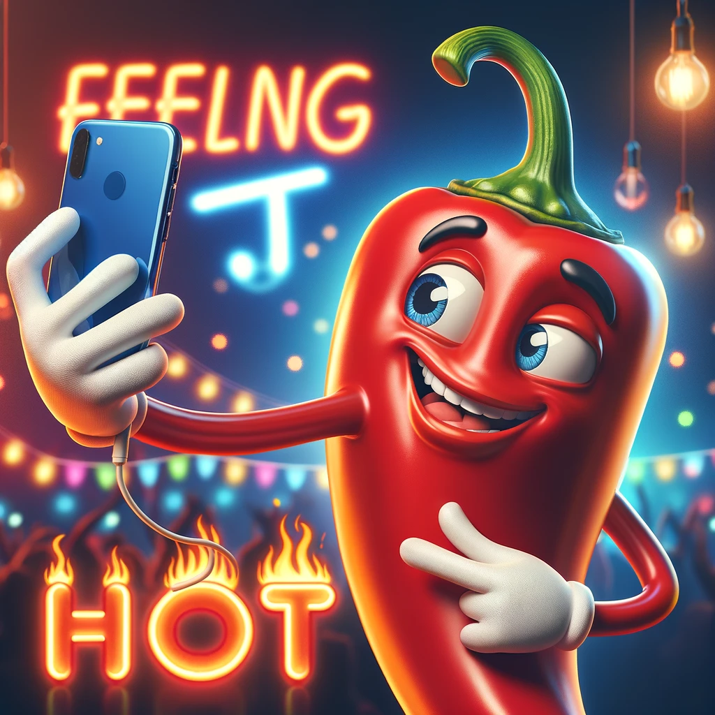 A cartoon chili pepper holding a phone at arm's length, taking a selfie, with a playful and confident expression. The background features a vibrant, colorful setting that hints at a party or social gathering, with lights and decorations adding to the festive atmosphere. The chili is styled in a trendy manner, suggesting it's capturing a moment of fun. The caption below reads "Feeling hot." This image melds the contemporary trend of taking selfies with the humorous concept of a chili pepper documenting its own spiciness, creating a light-hearted and engaging scene that plays on the idea of self-confidence and the social media era.