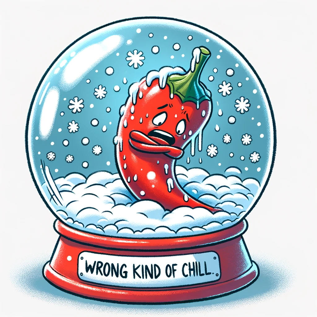 A chili pepper shivering inside a snow globe, surrounded by falling snowflakes. The chili pepper looks cold and uncomfortable. The scene is humorous and lighthearted. The caption at the bottom reads, "Wrong kind of chill." The style is cartoonish and colorful, emphasizing the comical nature of the situation.