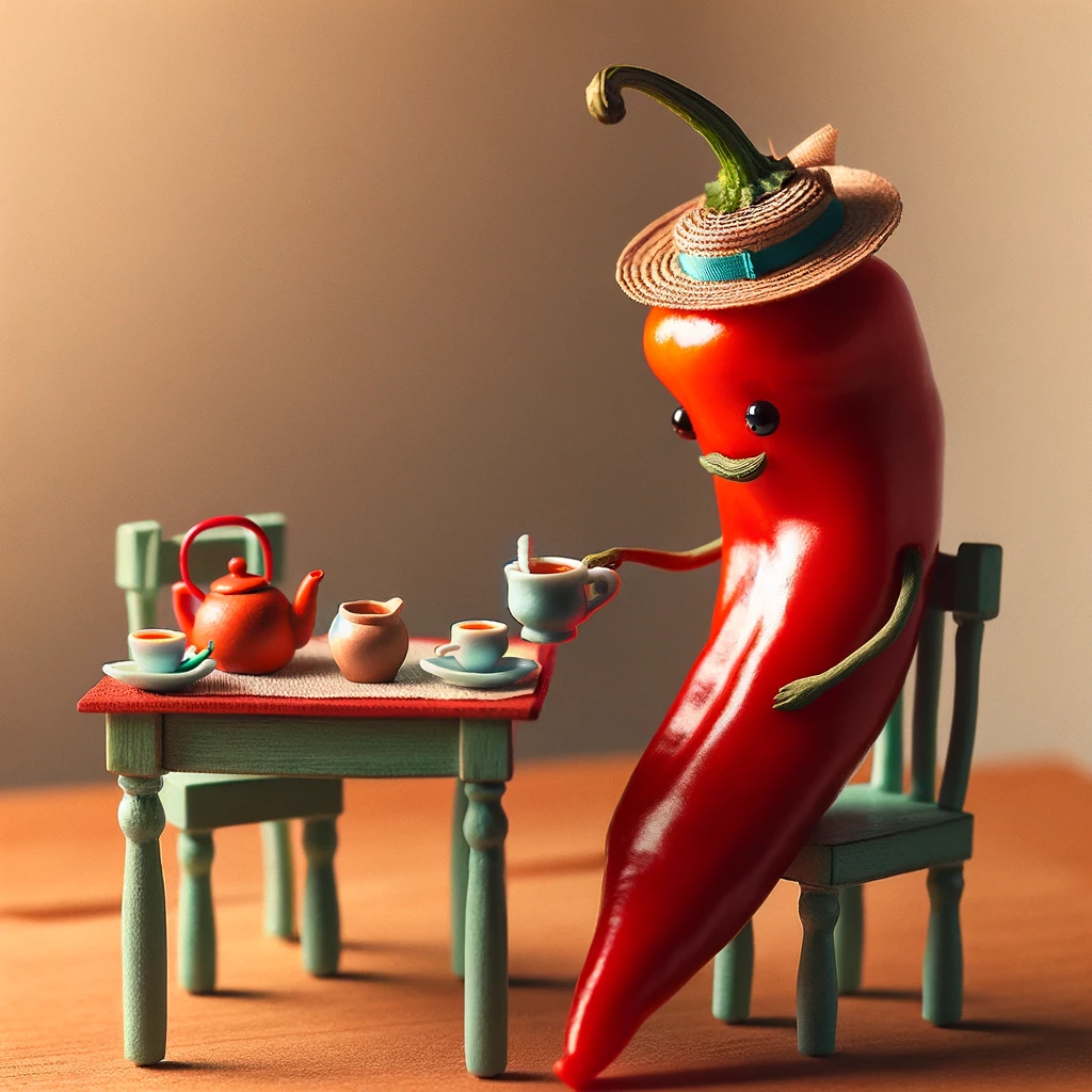 A chili pepper sitting at a small table with a miniature tea set, including cups and a teapot. The chili pepper is wearing a small hat, giving it a sophisticated look. The setting is a charming, whimsical tea party scene. The caption at the bottom reads, "Spice tea time." The image is colorful and playful, with a touch of whimsy, emphasizing the humorous juxtaposition.