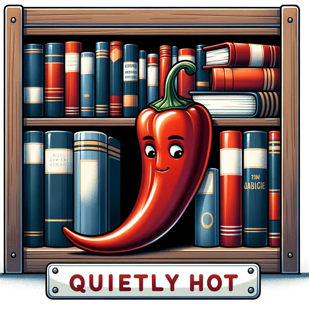 A chili pepper placed between books on a library shelf, looking intellectual and contemplative. The books around it are of various sizes and colors, creating a cozy library atmosphere. The chili pepper seems to be engrossed in reading. The caption at the bottom reads, "Quietly hot." The image is designed in a cartoon style, with a focus on the humorous and quirky aspect of a chili pepper in a library.