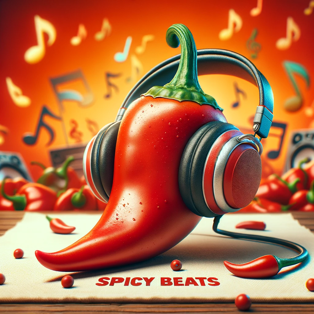 A chili pepper with a pair of headphones on, looking relaxed and enjoying music. The headphones are oversized compared to the chili pepper, adding to the comedic effect. The background is a vibrant and lively music-themed setting. The caption at the bottom reads, "Spicy beats." This image is created in a fun, cartoonish style, capturing the amusing concept of a chili pepper lost in music.