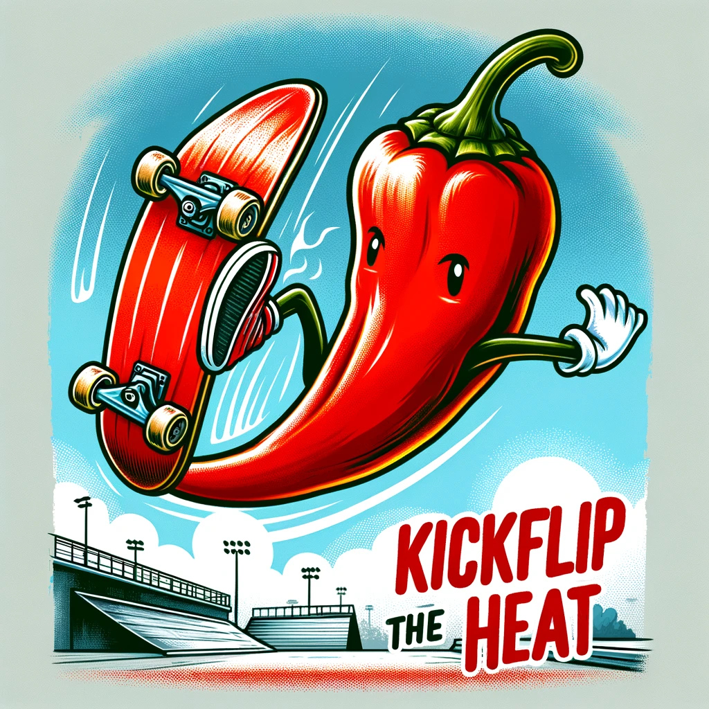 A chili pepper doing a skateboard trick, looking cool and adventurous. The chili pepper is in the midst of a kickflip, with the skateboard in mid-air. The background shows a skatepark with ramps and graffiti, adding to the urban, edgy vibe. The caption at the bottom reads, "Kickflip the heat." The style is dynamic and colorful, capturing the exciting moment of the trick in a cartoonish way.