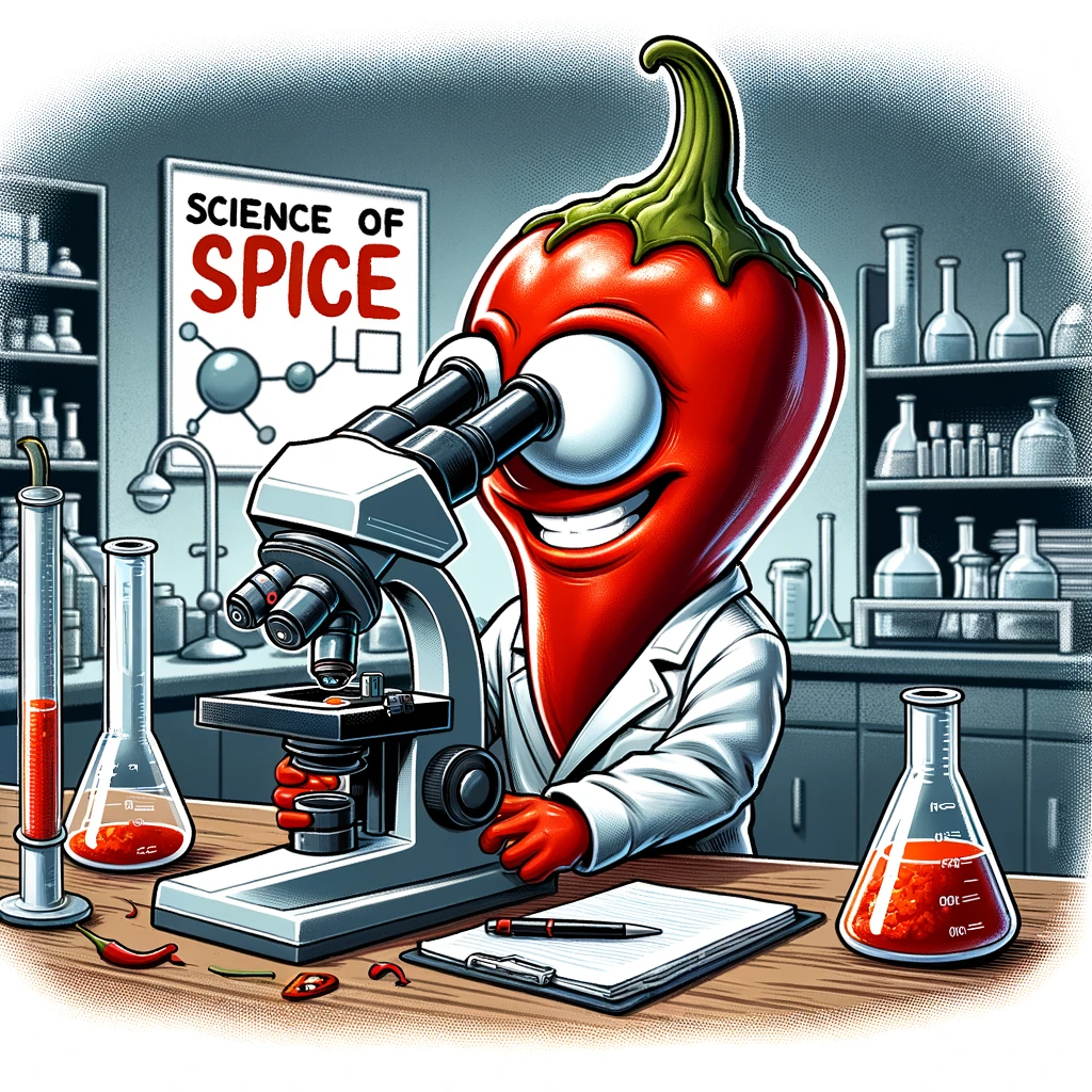 A chili pepper in a lab coat looking through a microscope, portraying a scientist character. The lab coat is comically large on the chili pepper. The setting is a science lab, with beakers, test tubes, and other lab equipment in the background. The caption at the bottom reads, "Science of spice." The image has a humorous, cartoonish style, emphasizing the fun and quirky concept of a chili pepper as a scientist.