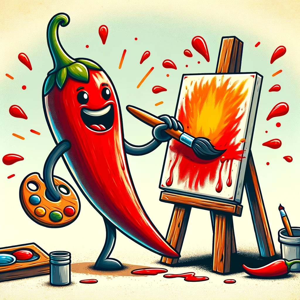 A chili pepper holding a paintbrush and painting on a canvas, creating a colorful artwork. The chili pepper is depicted as an artist, with a palette and paint splatters around. The scene is set in an art studio with various art supplies in the background. The caption at the bottom reads, "Artistic heat." The image is designed in a playful, cartoon style, highlighting the creative and humorous nature of a chili pepper painting.