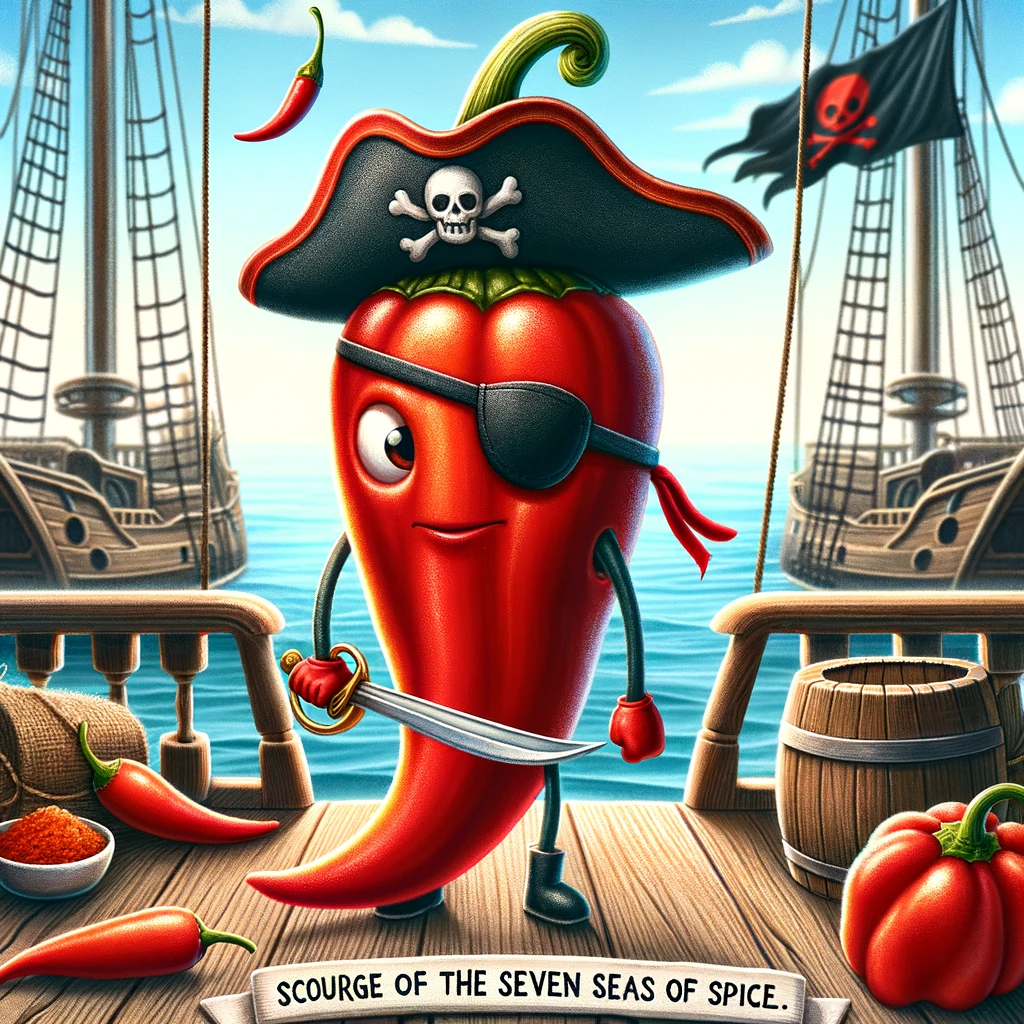 A chili pepper dressed as a pirate, complete with a pirate hat and eye patch. The chili pepper is standing on a wooden ship deck, holding a miniature sword. The ship has sails and a pirate flag in the background, creating a classic pirate scene. The caption at the bottom reads, "Scourge of the Seven Seas of Spice." The image is whimsical and colorful, with a cartoonish style that adds to the humor of the chili pepper pirate.