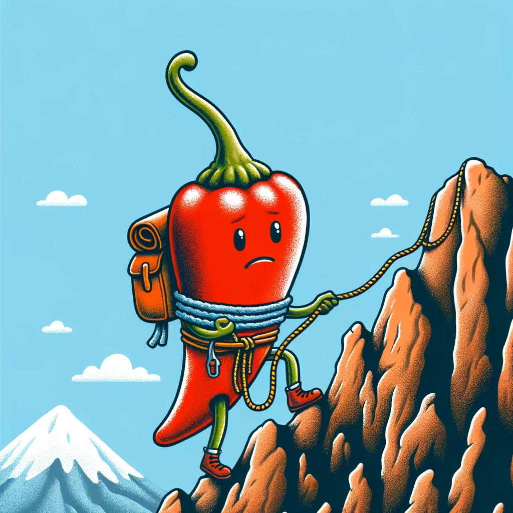 A chili pepper with a tiny backpack and climbing rope, ascending a rocky mountain. The chili pepper looks determined and adventurous. The mountain scene includes cliffs and a clear blue sky in the background. The caption at the bottom reads, "Conquering the peaks of heat." The style is adventurous and colorful, capturing the chili pepper's daring climb in a fun, cartoonish manner.