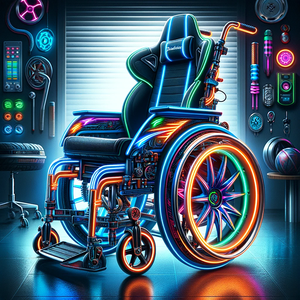 Illustrate a highly customized wheelchair, showcasing an array of vibrant modifications. This wheelchair is no ordinary chair; it's fitted with glowing neon lights underlining its frame, sleek racing stripes in electric blues and fiery reds, and high-performance wheels that look ready for speed. The modifications do not stop at aesthetics; there are also hints of advanced technology, perhaps with a control panel indicating various functions. The wheelchair sits proudly, perhaps in a garage or a workshop, showing off its custom mods. Above or below this impressive display, in bold, stylish lettering, the caption reads: "Pimp My Ride: Wheelchair Edition." This image is a celebration of personalization and innovation, blending the excitement of automotive customization with the empowerment of mobility devices.