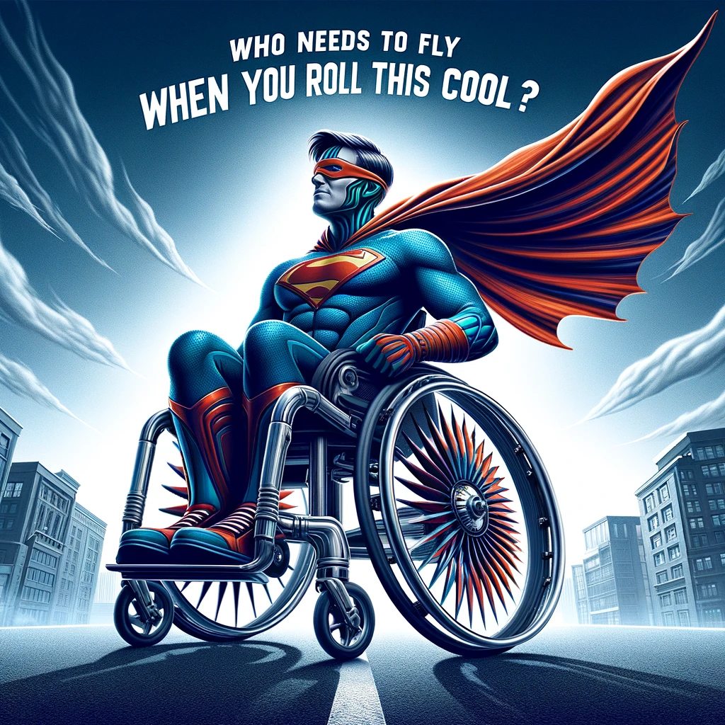 Depict an empowering scene of a superhero in a wheelchair, exuding confidence and strength. This superhero is not defined by traditional norms; they sit proudly in a state-of-the-art wheelchair, which is as much a part of their hero identity as their flowing cape that billows in the wind behind them. They are in motion, perhaps on a city street or atop a building, clearly on a mission to save the day. Their attire is both heroic and stylish, with a costume that features bold colors and designs indicative of their unique powers. The wheelchair itself is no less heroic, with design elements that suggest speed and agility, matching the superhero's dynamic energy. Floating above or beside this inspiring figure, the caption declares: "Who needs to fly when you roll this cool?" This image celebrates the idea that heroism and coolness come in many forms, challenging stereotypes and embracing inclusivity.