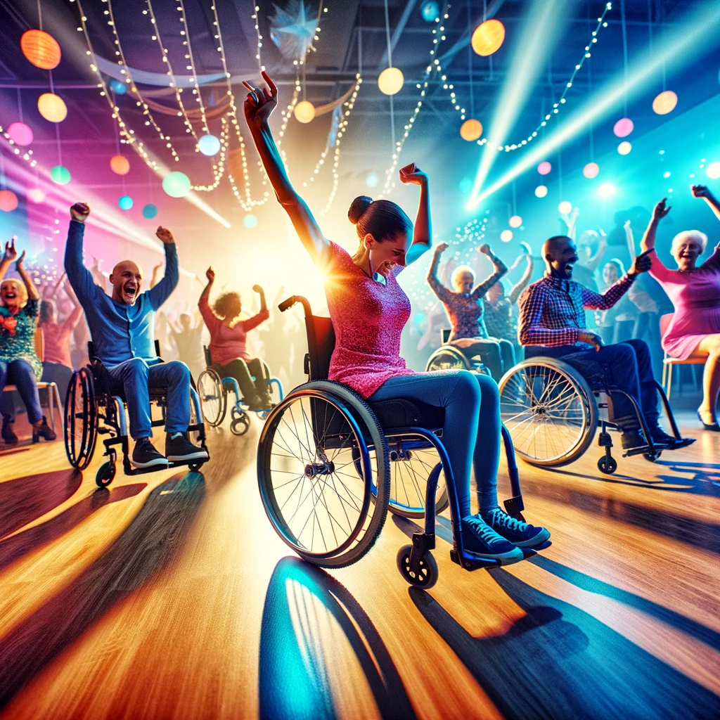 An energetic and vibrant scene at a party where individuals in wheelchairs are showcasing their impressive dance moves. The atmosphere is filled with lights, music, and the joy of dance, emphasizing the inclusivity and excitement of the moment. Each dancer is captured in a dynamic pose, highlighting their skill and enthusiasm for the dance. The crowd around them is cheering and enjoying the performance, showcasing a community coming together to celebrate. The caption reads: "Out-dancing everyone on the floor!"