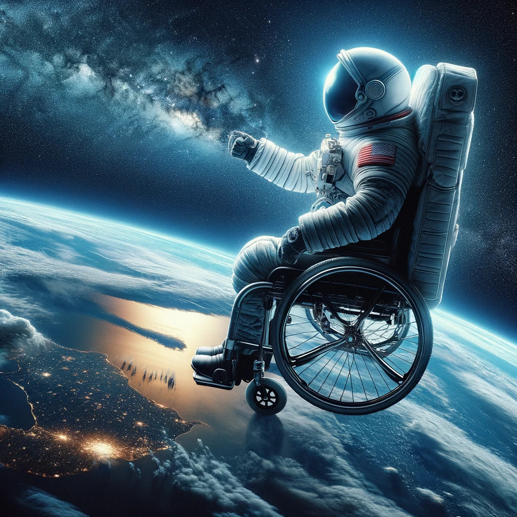 An inspiring image of a wheelchair user dressed in a space suit, floating gracefully above the Earth in the vastness of space. This scene captures the essence of boundless exploration and ambition, breaking free from physical constraints to explore new frontiers. The Earth looms large in the background, a stunning view from space that highlights the adventurer's journey into the unknown. The astronaut's pose is one of determination and wonder, as they gaze into the cosmos. The caption reads: "Exploring new worlds, no limits."